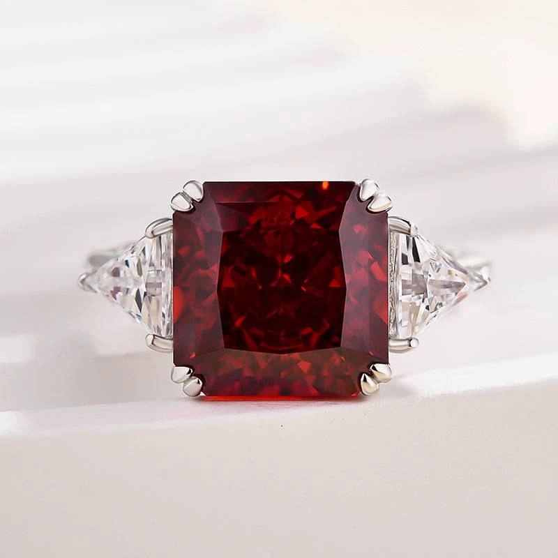 Glamorous Detail Expressive Style Louily Ruby Radiant & Triangle Cut Three Stone Engagement Ring In Sterling Silver