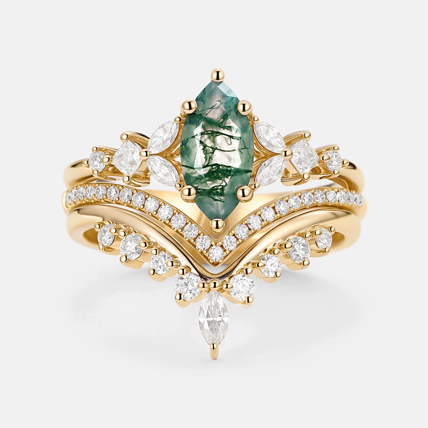 Elegant feature Marquise Moss Agate Engagement Ring Set 3pcs - Amelia