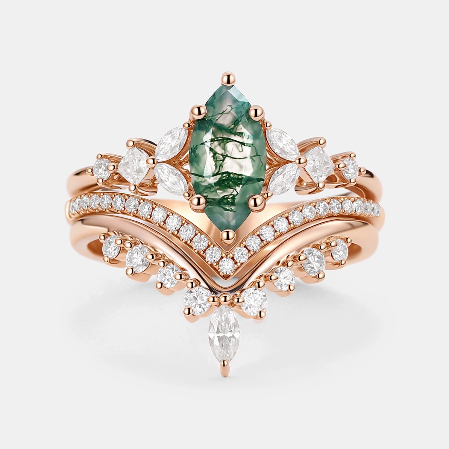 Refined Craft Marquise Moss Agate Engagement Ring Set 3pcs - Amelia