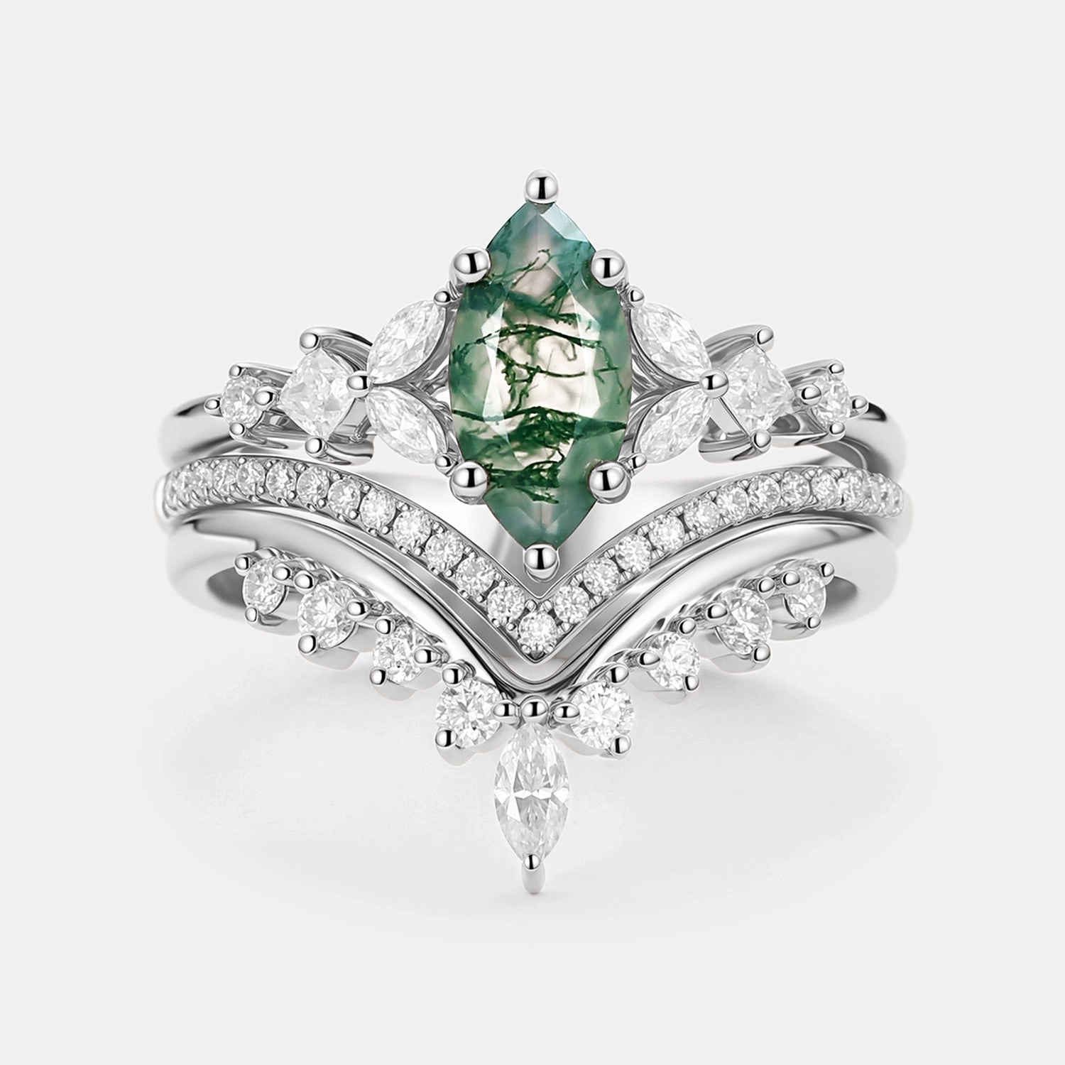 Marquise Moss Agate Engagement Ring Set 3pcs - Amelia Modern Appeal
