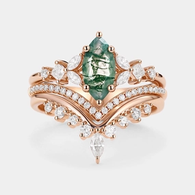 Refined Craft Marquise Moss Agate Engagement Ring Set 3pcs - Amelia