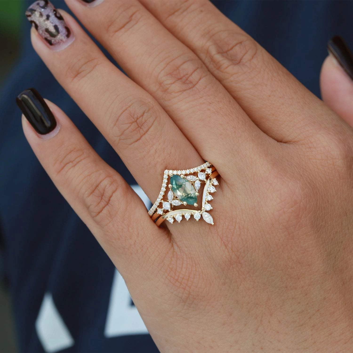 Marquise Moss Agate Engagement Ring Set 3pcs - Amelia Perfect Pair Handcrafted Design