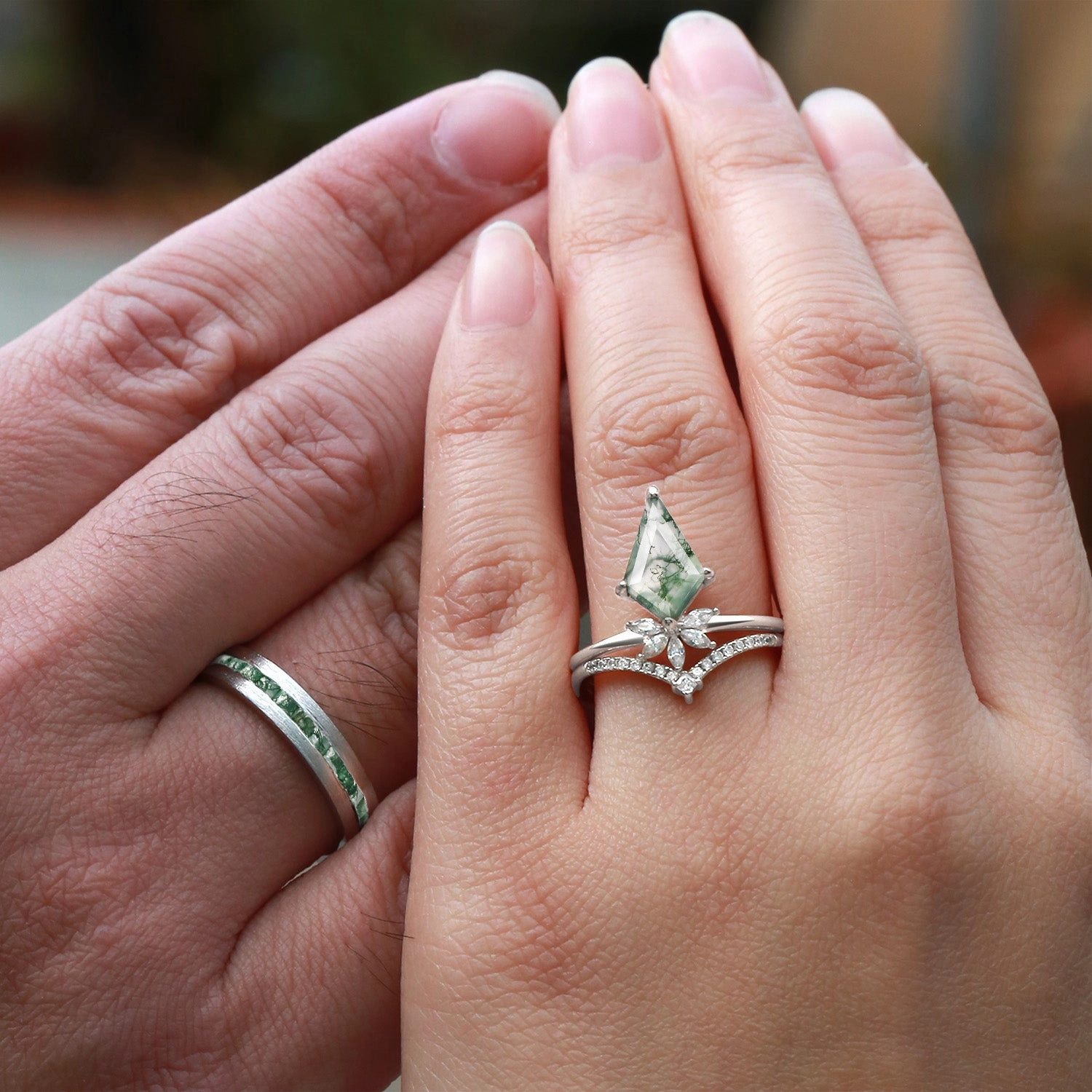 Unique Floral Moss Agate Kite Cut Couple Ring Set 3pcs Modern Aesthetic Daytime Shine