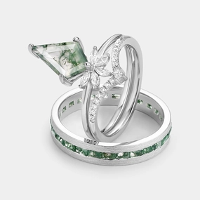 Unique Floral Moss Agate Kite Cut Couple Ring Set 3pcs Expressive Accent