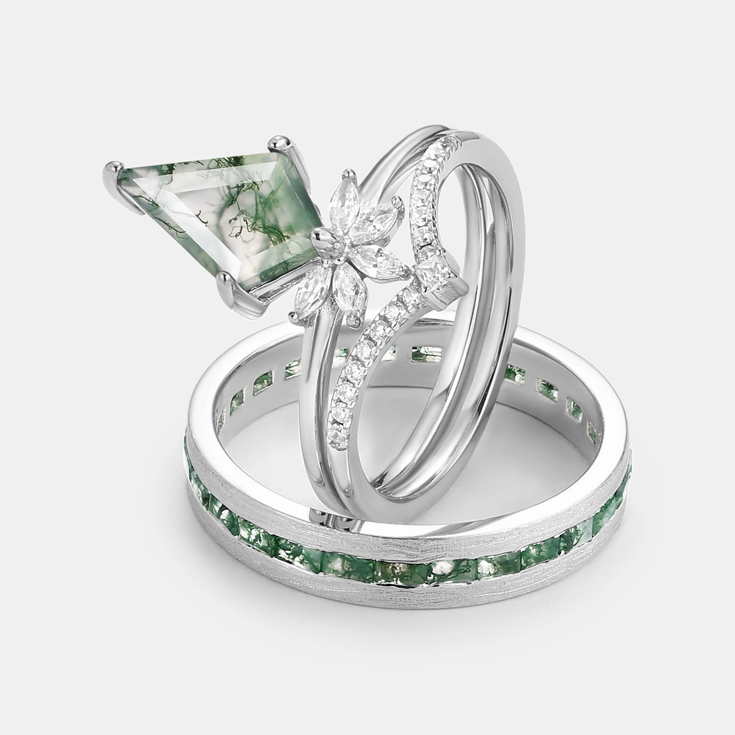 Unique Floral Moss Agate Kite Cut Couple Ring Set 3pcs True Accent