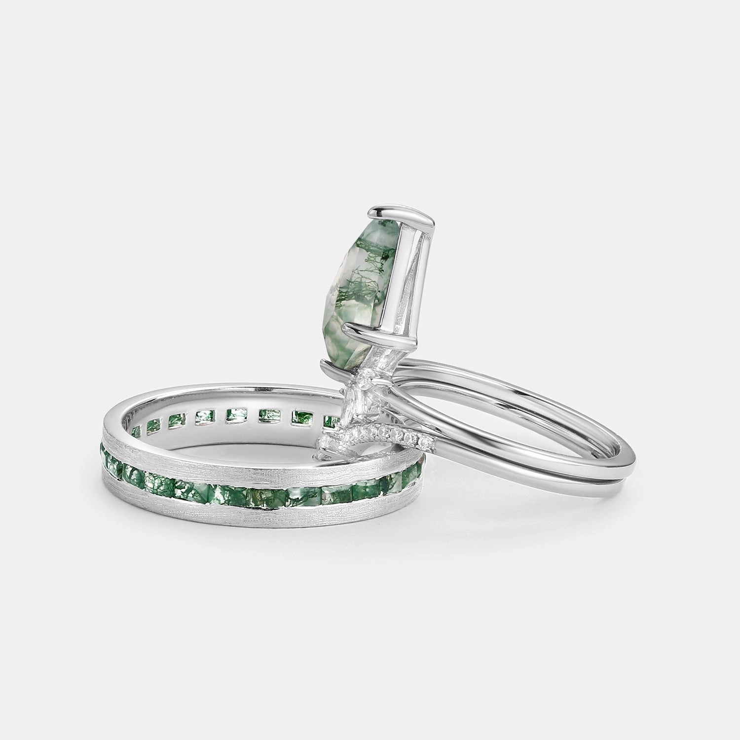 Glam Detail Glow Piece Unique Floral Moss Agate Kite Cut Couple Ring Set 3pcs