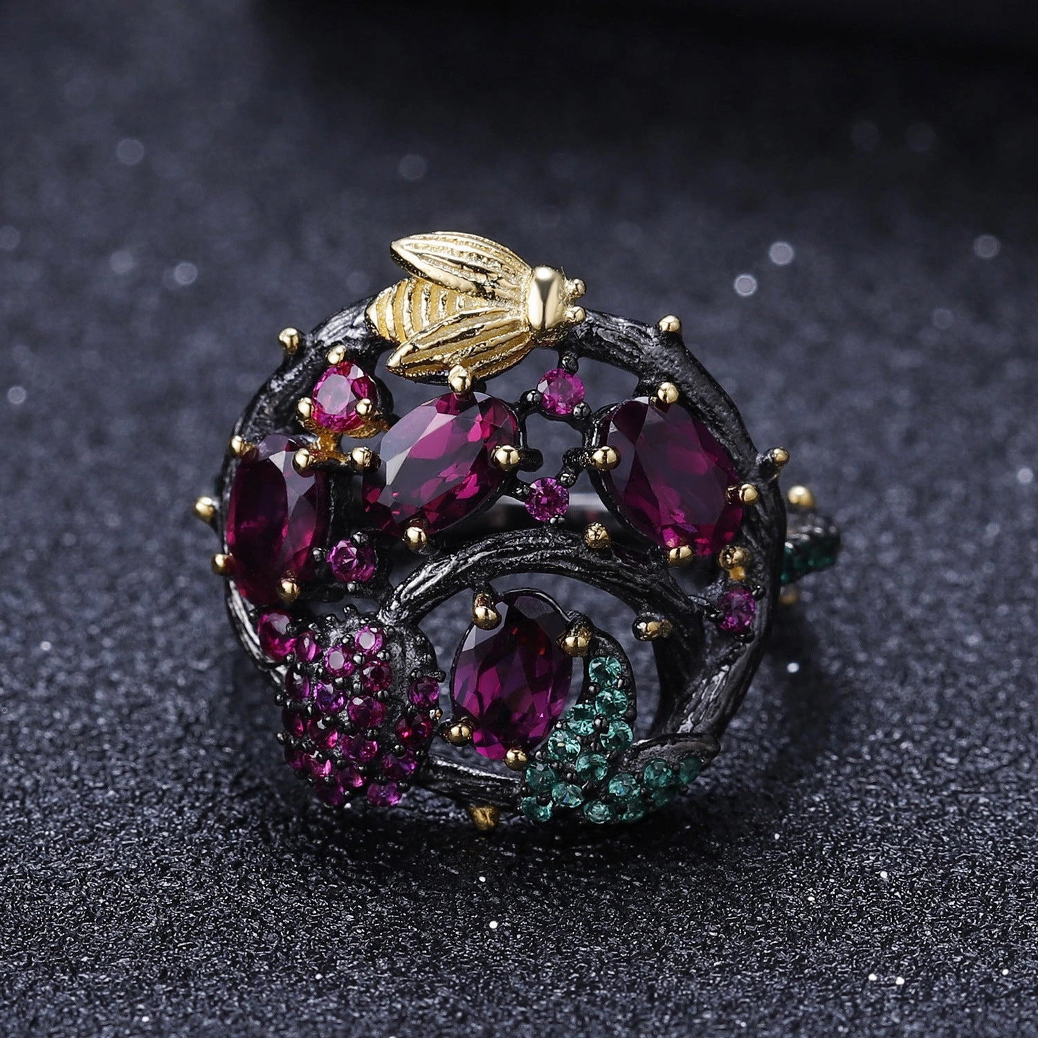 Handcrafted Garnet and Emerald Flower Garden Ring with Gold Bee Accent | S925 Everyday Wear Meaningful Jewelry
