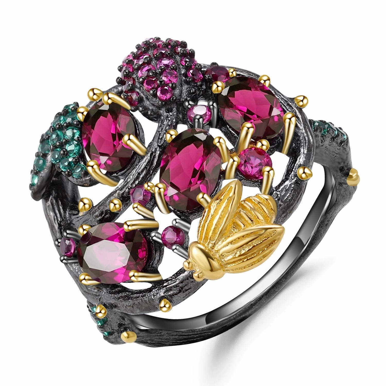 Gleaming Shine Handcrafted Garnet and Emerald Flower Garden Ring with Gold Bee Accent | S925