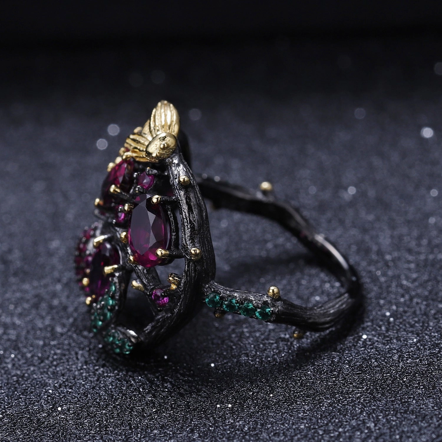 Durable Statement Delicate Mark Handcrafted Garnet and Emerald Flower Garden Ring with Gold Bee Accent | S925