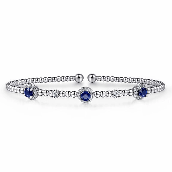 14K White Gold Bujukan Bead Cuff Bracelet with Sapphire and Diamond Halo Stations Joyful Blends