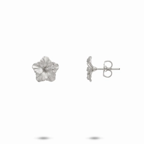 Adorable Adornment Hawaiian Gardens Hibiscus Earrings in White Gold with Diamonds - 9.5mm