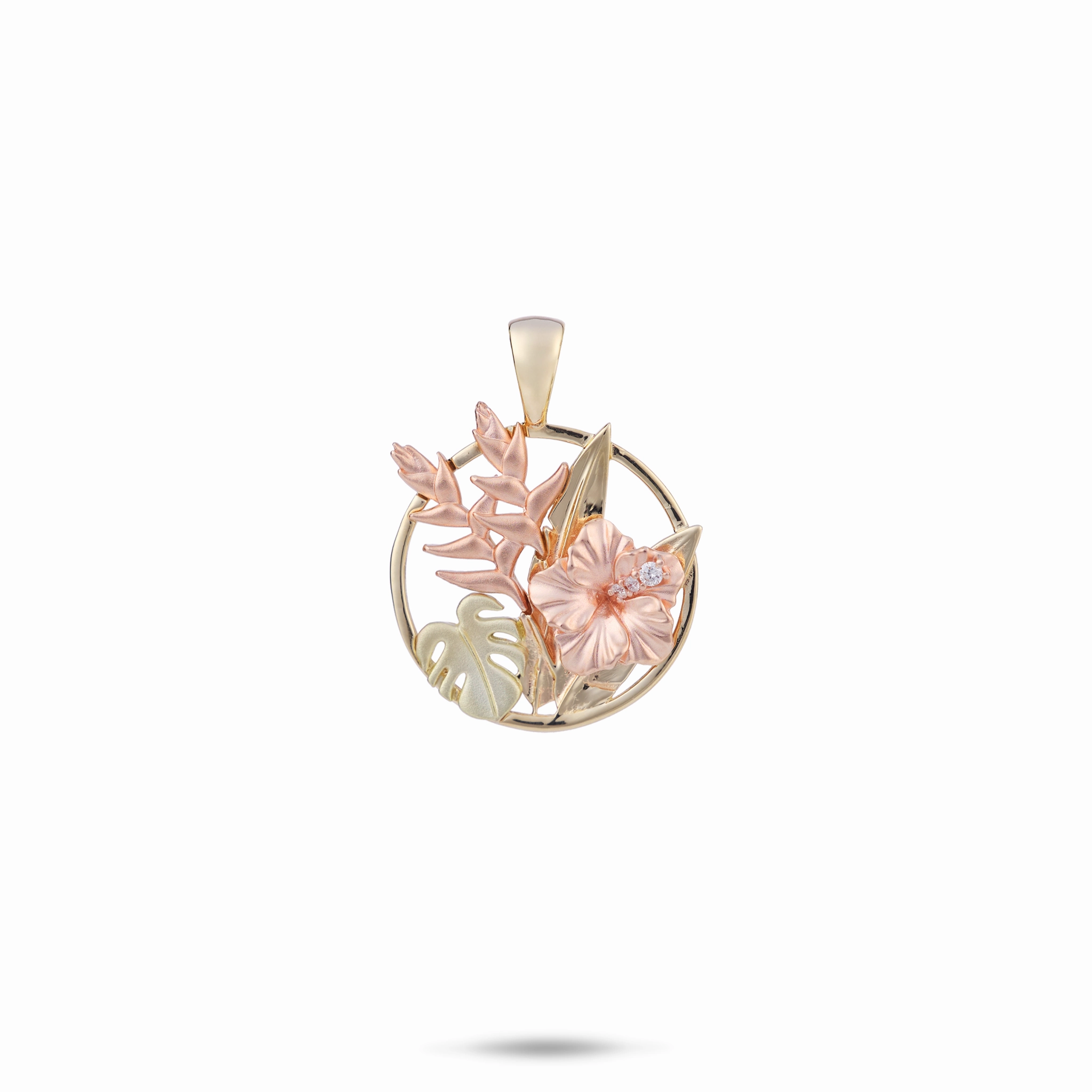 Elegant Finish Hawaiian Gardens Hibiscus Pendant in Tri Color Gold with Diamonds - 15mm