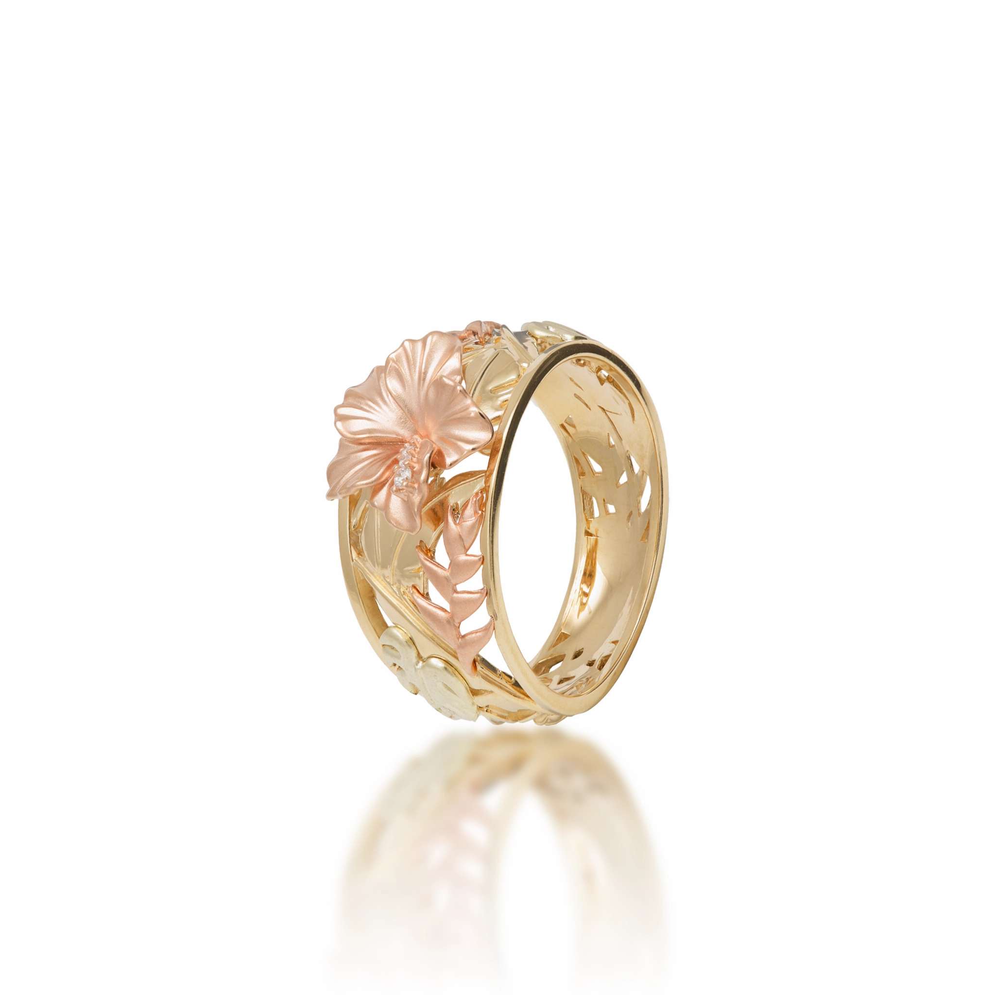 Chic Element Sparkling Style Hawaiian Gardens Hibiscus Ring in Tri Color Gold with Diamonds - 12mm