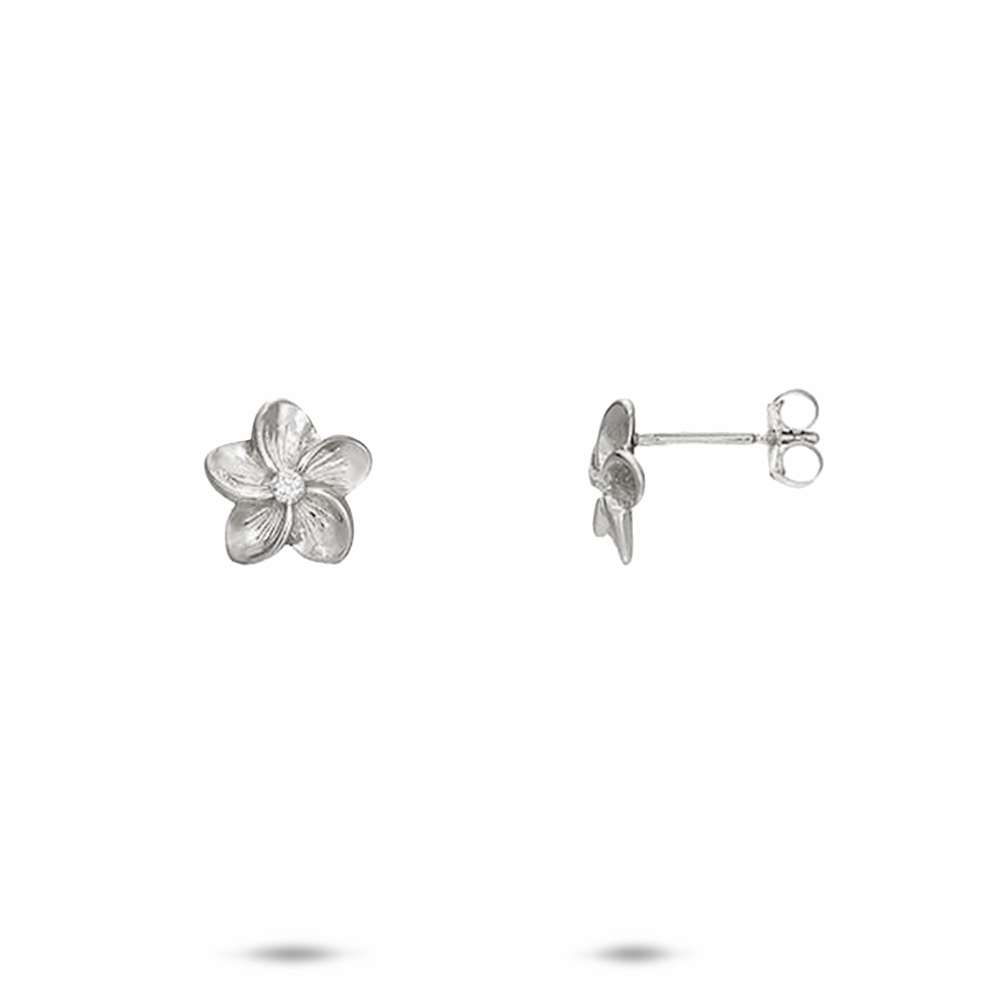 Neutral Adornment Vintage Accessory Hawaiian Heirloom Plumeria Earrings in White Gold with Diamonds - 9mm