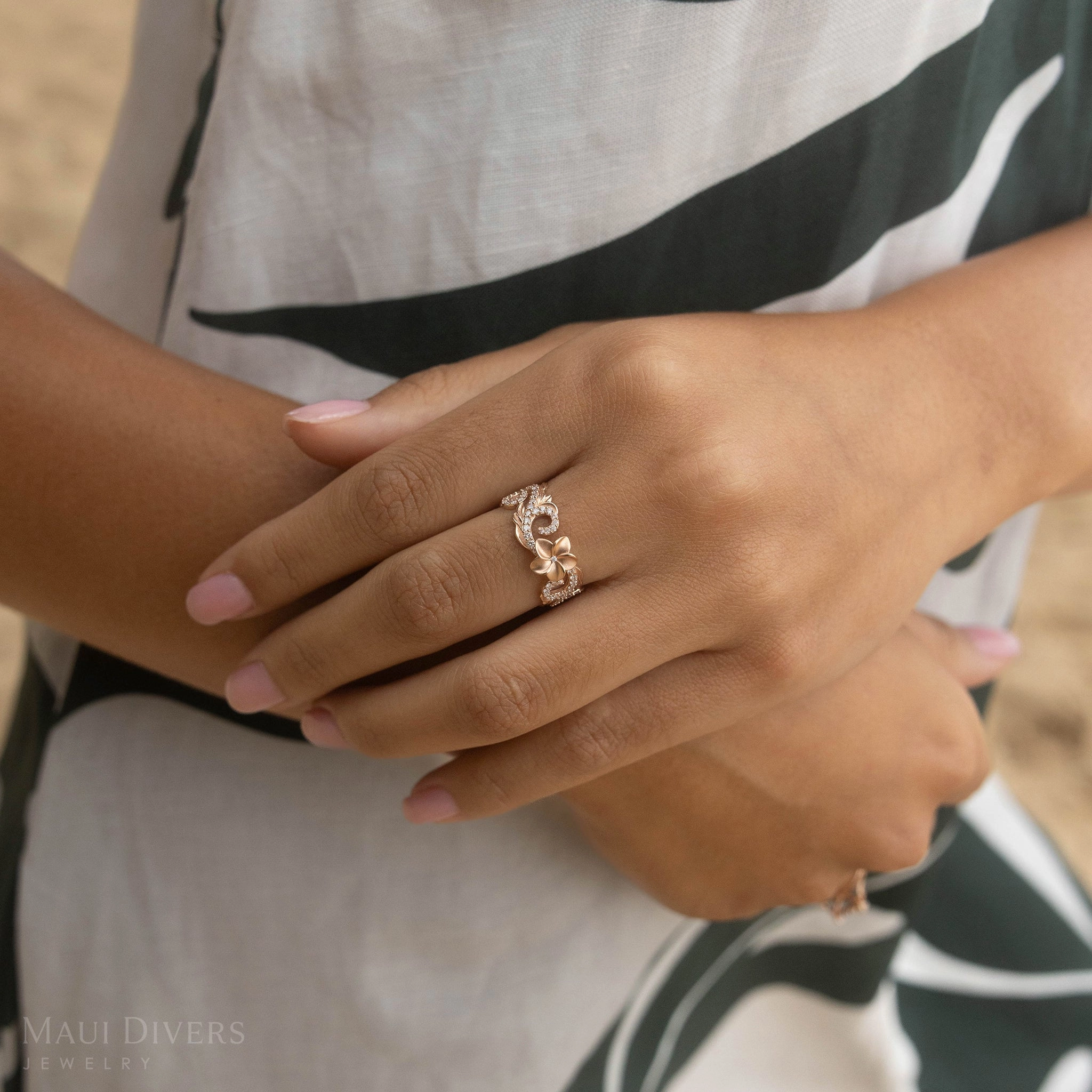 Hawaiian Heirloom Plumeria Ring in Rose Gold with Diamonds - 8mm Modern Mood