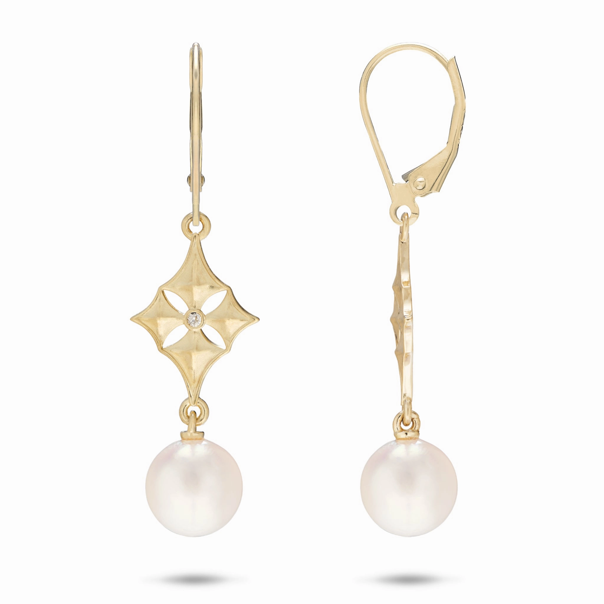 Hawaiian Quilted Star Akoya White Pearl Earrings in Gold - 8mm Light Radiance Timeless Style