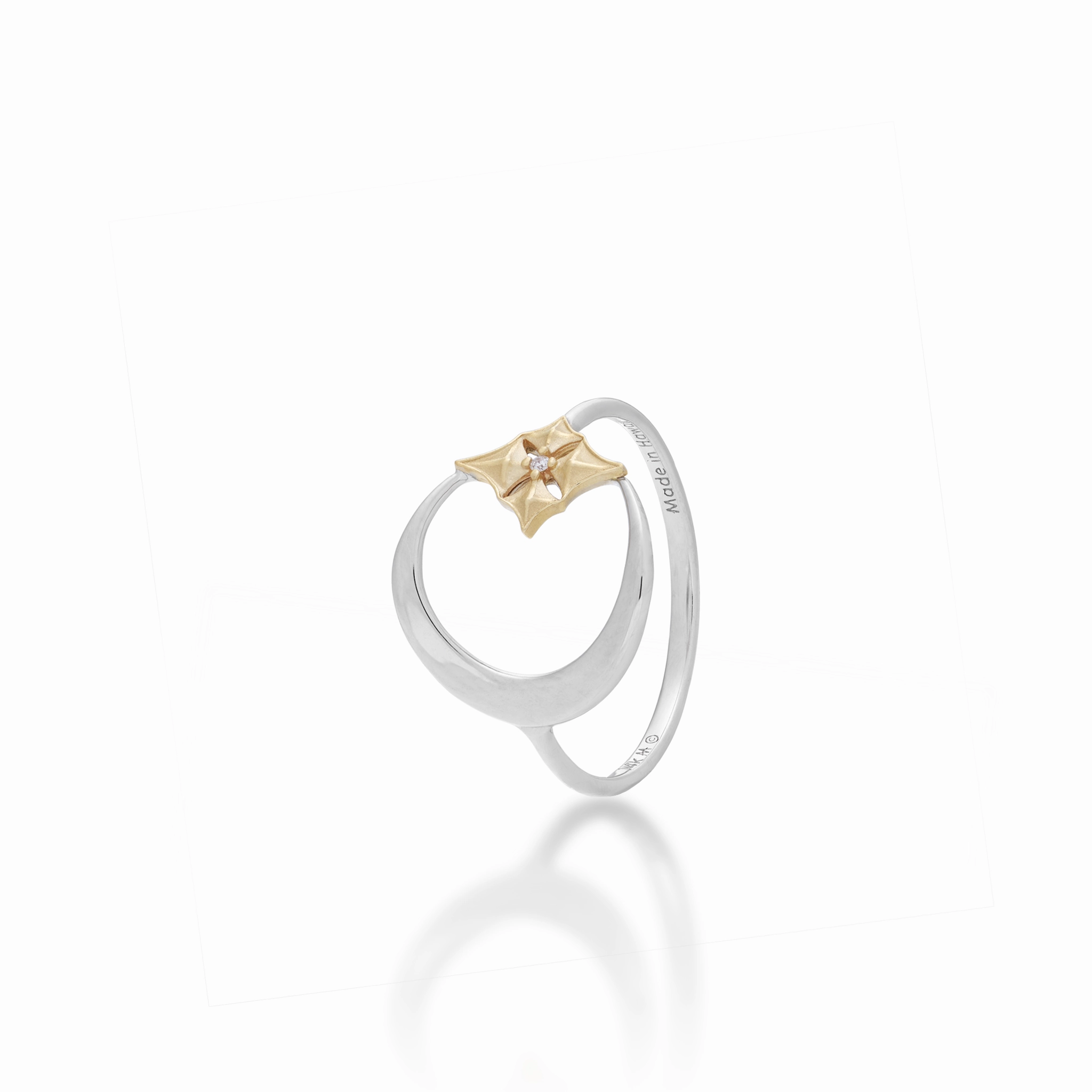 Petite Design Hawaiian Quilted Star and Moon Ring in Two Tone Gold with Diamond - 13mm