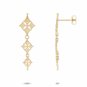 Hawaiian Quilted Star Earrings in Gold with Diamonds - 34mm Glistening Look Edgy Detail