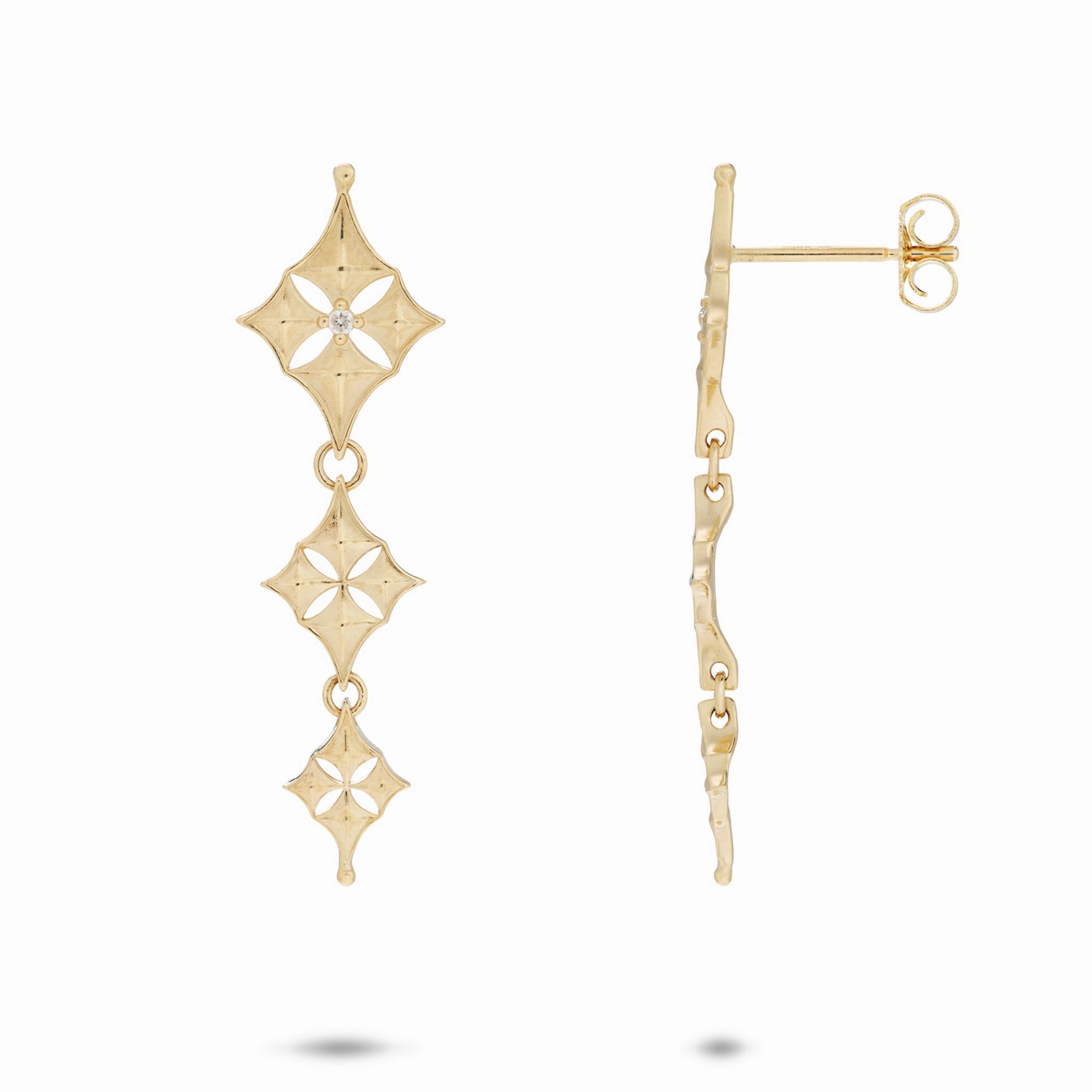 Decorative Look Hawaiian Quilted Star Earrings in Gold with Diamonds - 34mm