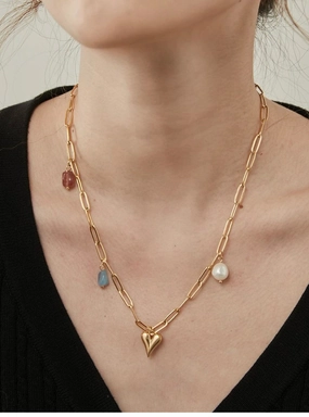 Heart & Gemstone Medley Gold Chain Necklace Fantastic Gift Daily Essential