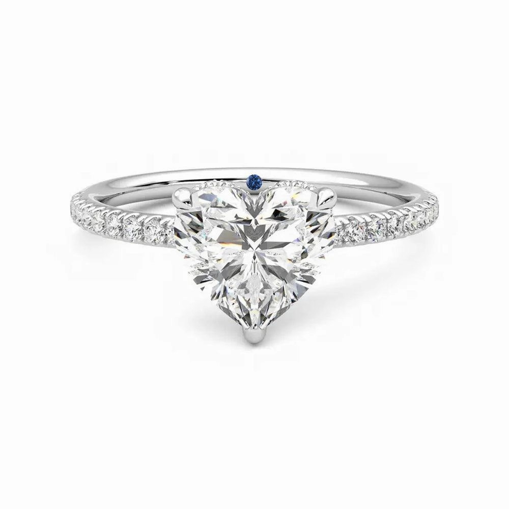 Heart Shaped Moissanite Engagement Ring with Hidden Halo and Anniversary Stone Accent Minimal Spark