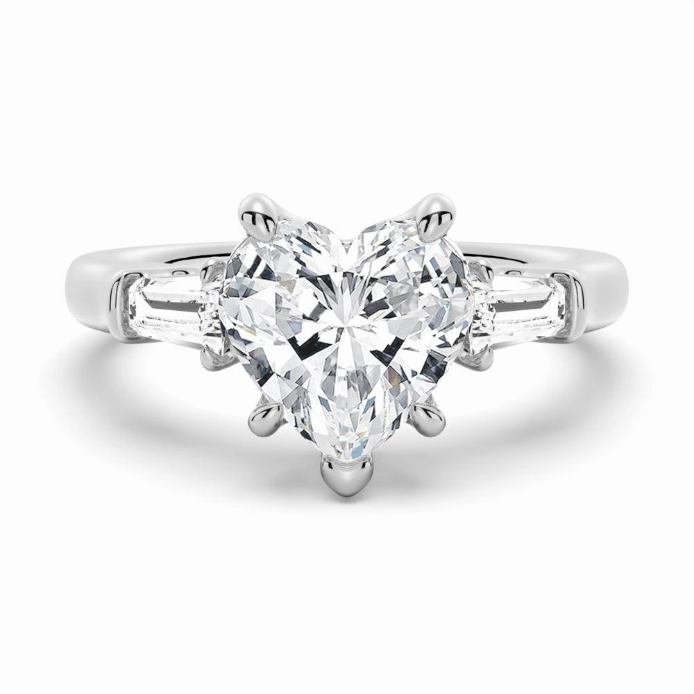 Heart Shaped Moissanite Engagement Ring with Tapered Baguette Side Stones Linear Form Studio Shot