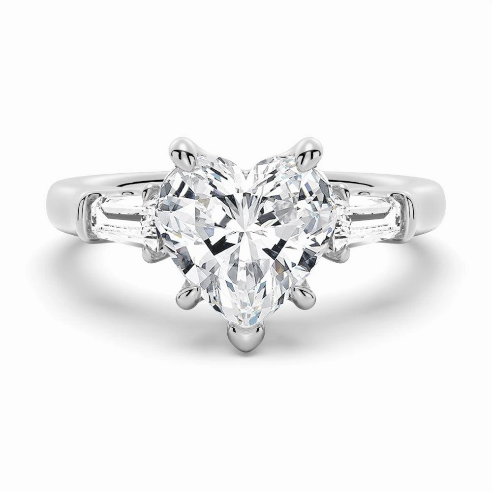 Heart Shaped Moissanite Engagement Ring with Tapered Baguette Side Stones Moonlight Mood