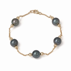 7.5-8" Tahitian Black Pearl Bracelet in Gold - 9-10mm Connecting Element Lucky Charms