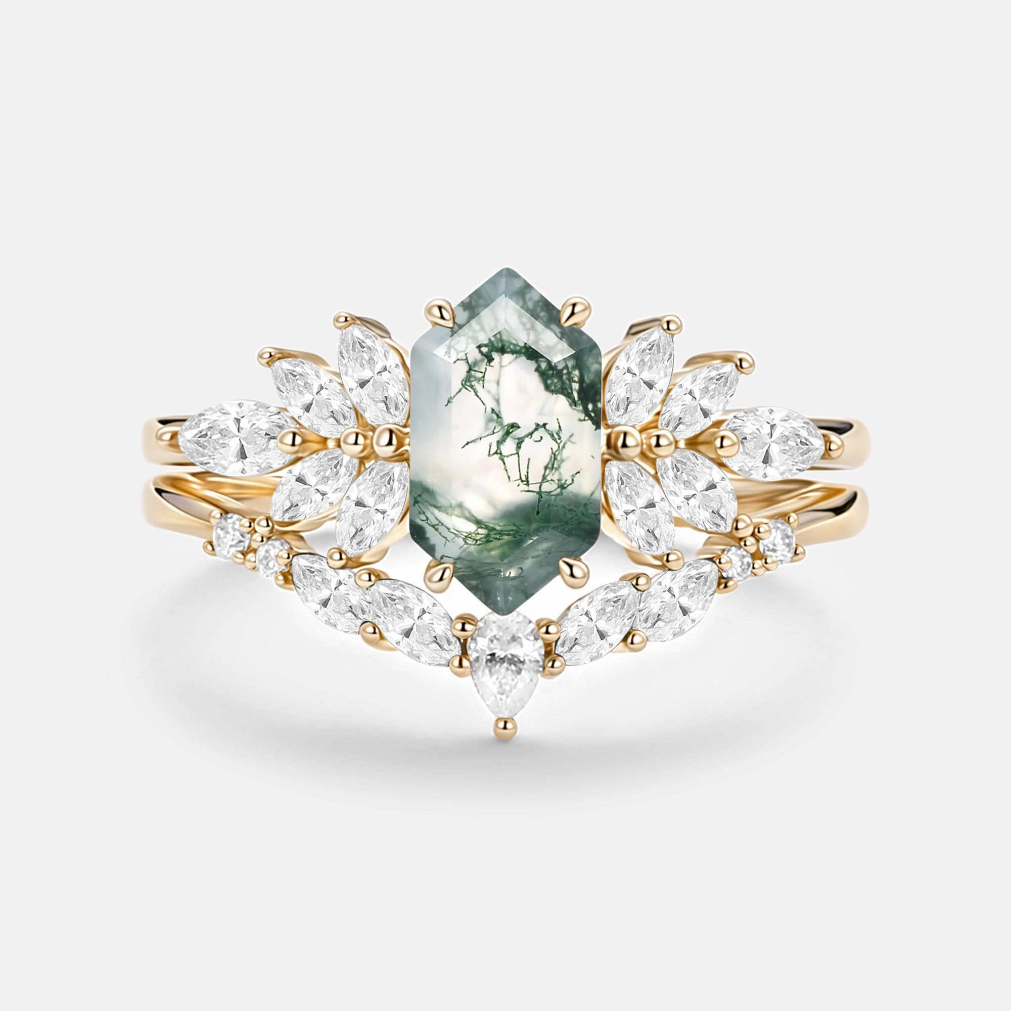 Hexagon Cut Moss Agate Vintage Ring Set 2pcs - Meadow Classic Duo Edgy Light