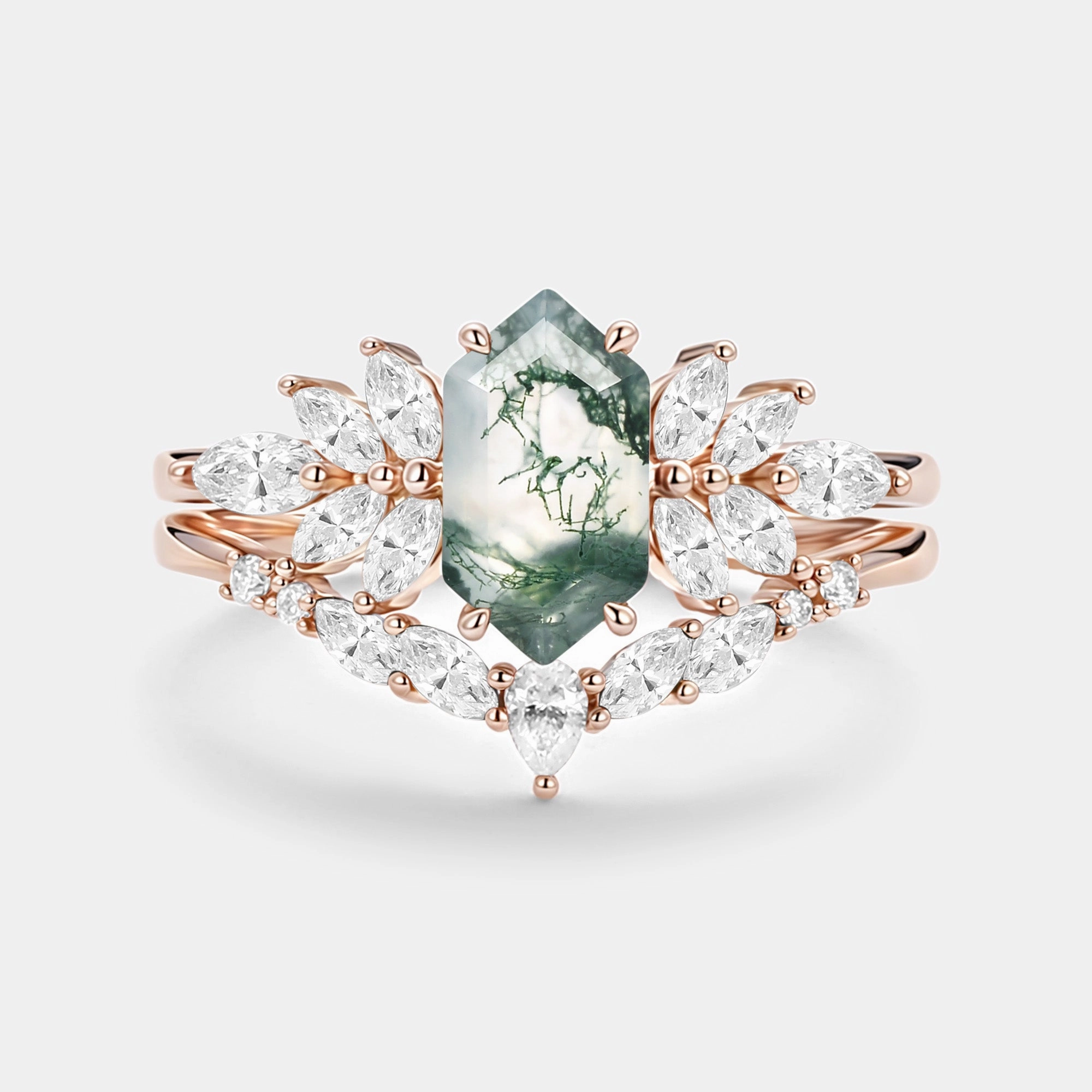 Hexagon Cut Moss Agate Vintage Ring Set 2pcs - Meadow Modern Detail