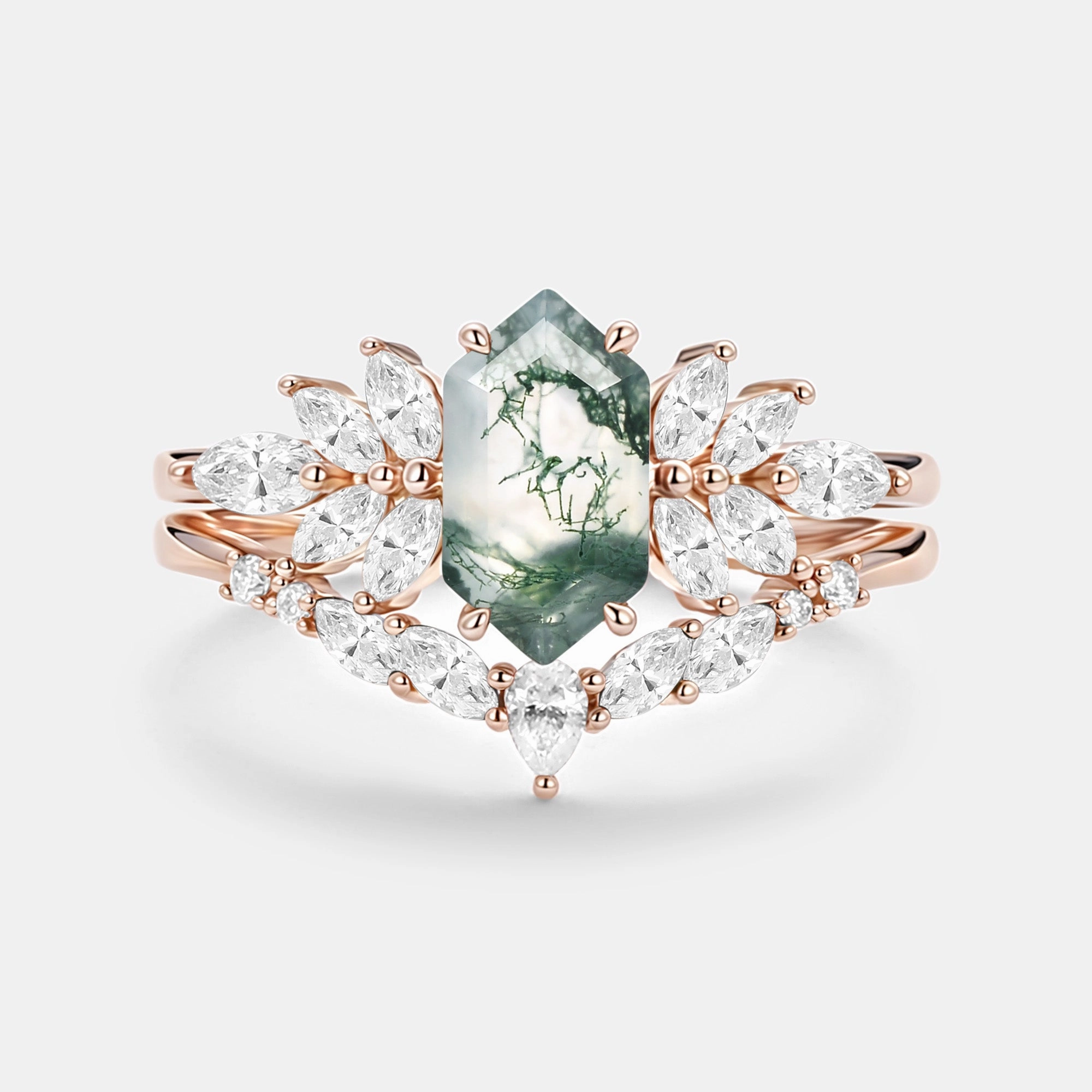 Urban Flair Graceful Charm Hexagon Cut Moss Agate Vintage Ring Set 2pcs - Meadow