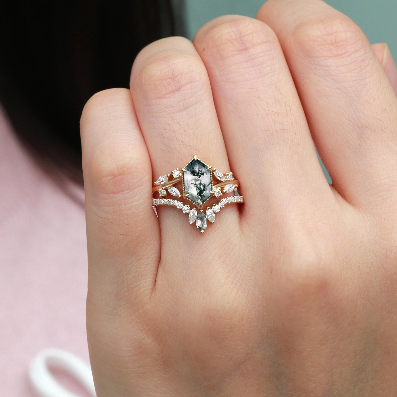 Hexagon Green Moss Agate Leafy Engagement Ring 2PCS - Pine Distinctive Finish Shimmer Mood