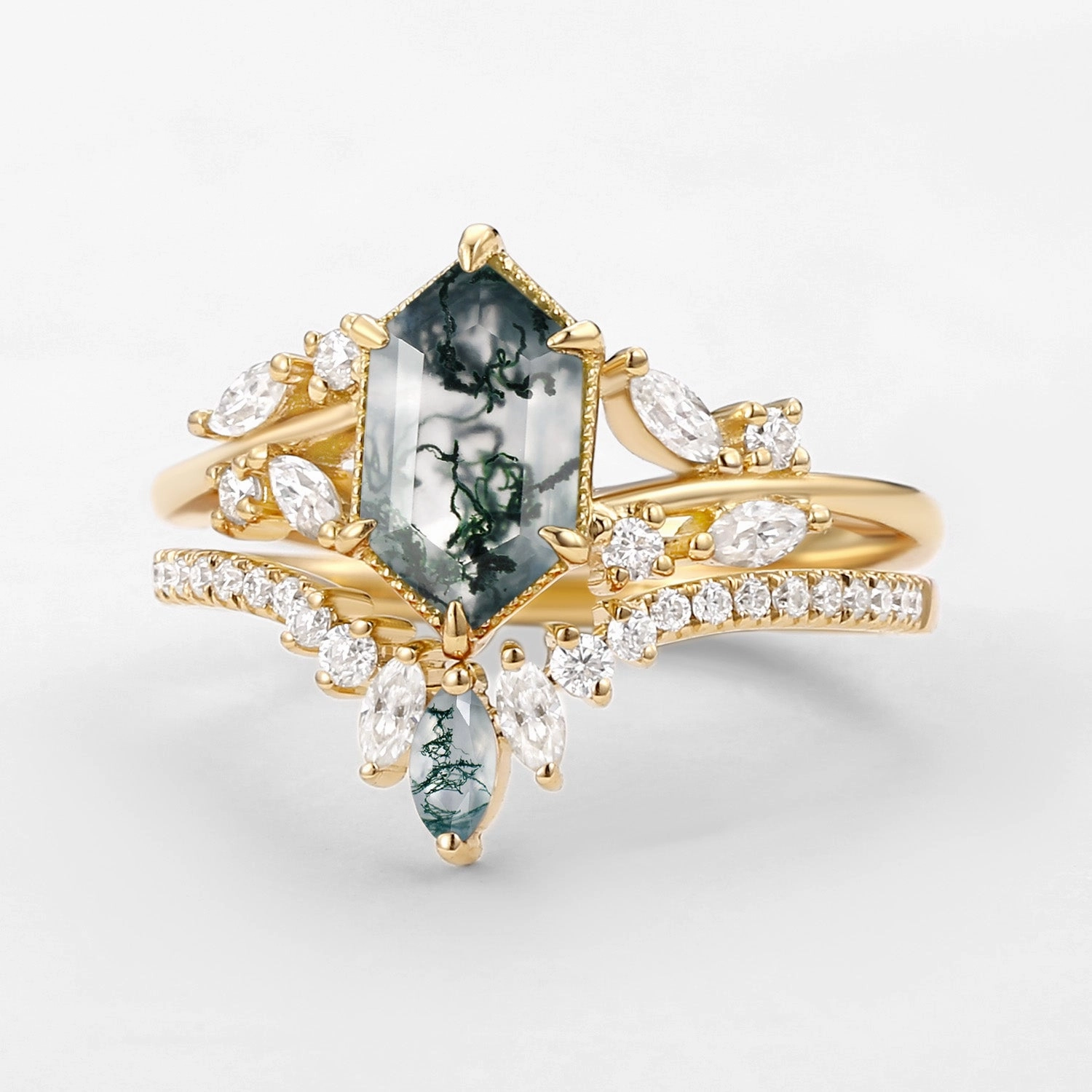 Luxury Vibe Hexagon Green Moss Agate Leafy Engagement Ring 2PCS - Pine