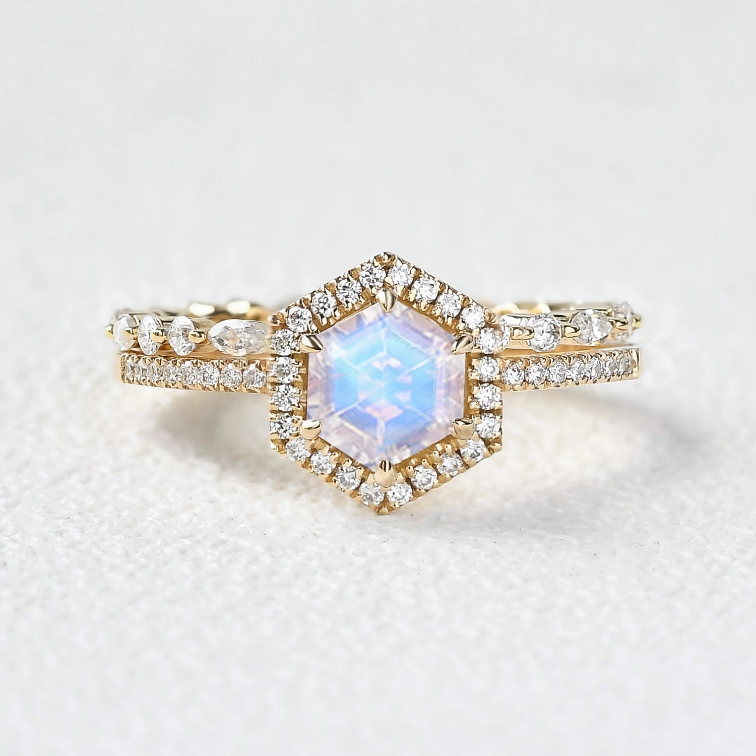 Hexagon Moonstone & Moissantie Halo Ring Set 2PCS Graceful Style Handmade Statement