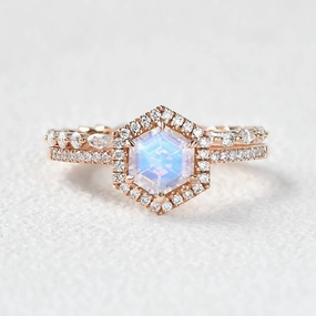 Minimal Piece Hexagon Moonstone & Moissantie Halo Ring Set 2PCS
