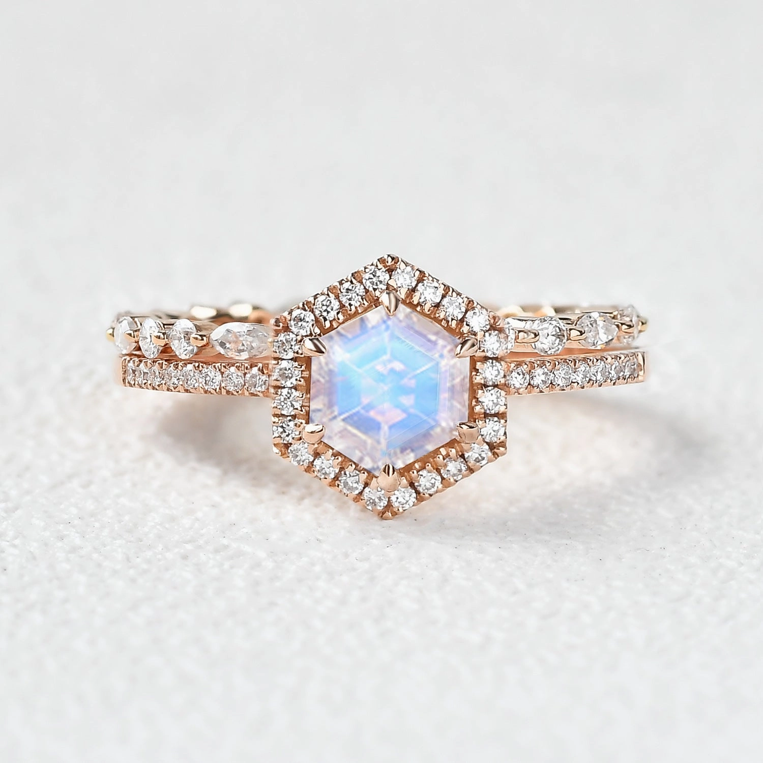 Minimal Piece Hexagon Moonstone & Moissantie Halo Ring Set 2PCS