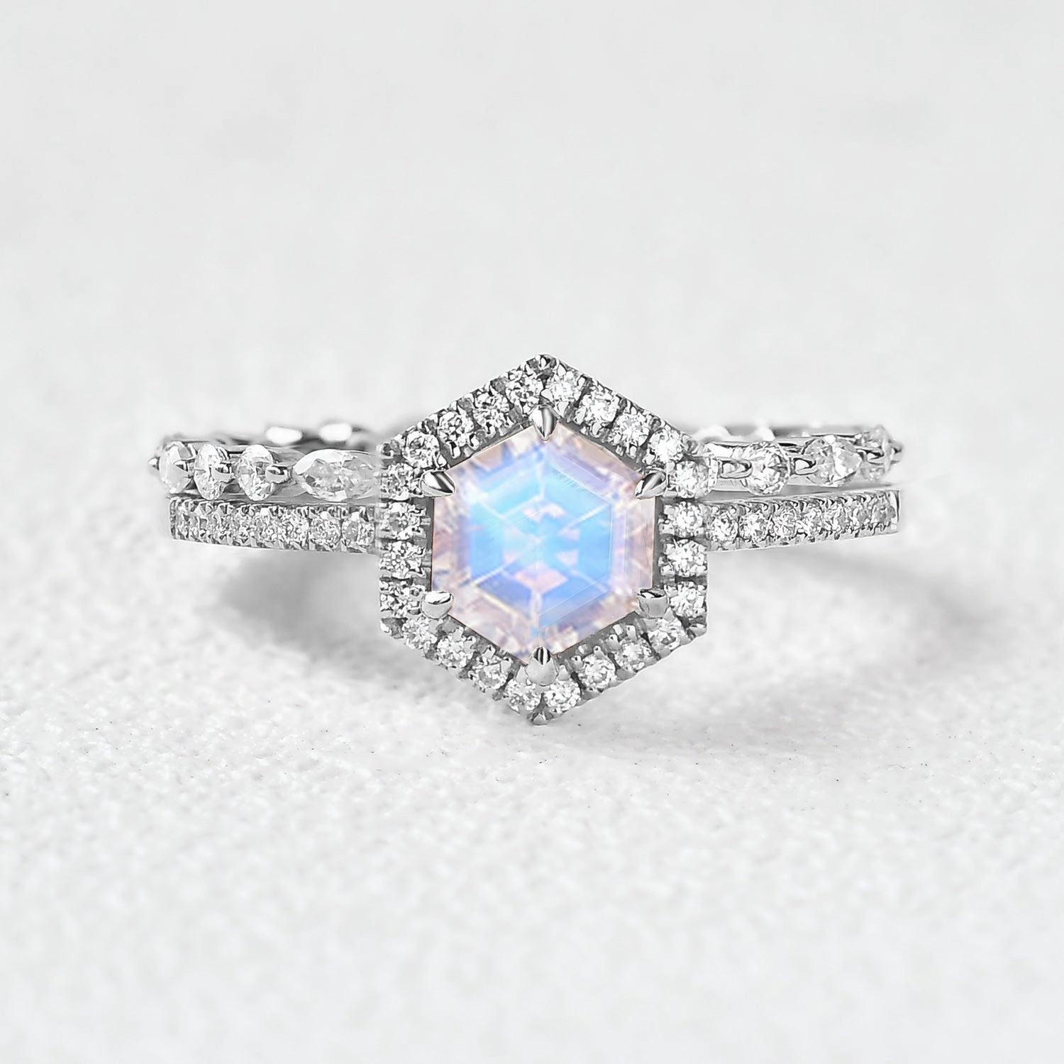 Hexagon Moonstone & Moissantie Halo Ring Set 2PCS Sparkle Finish