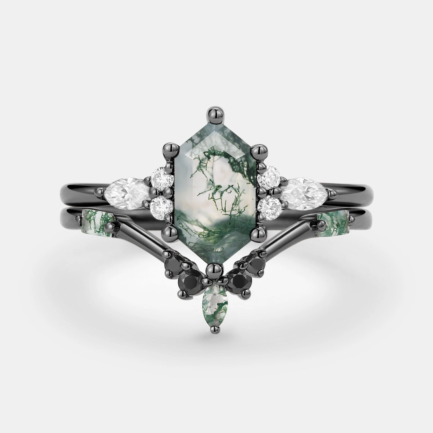 Hexagon Moss Agate & Black Moissanite Ring Set 2PCS Elite Shape