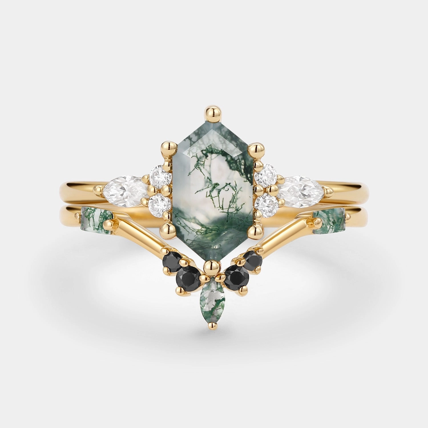 Hexagon Moss Agate & Black Moissanite Ring Set 2PCS Creative Edge Crisp Lines