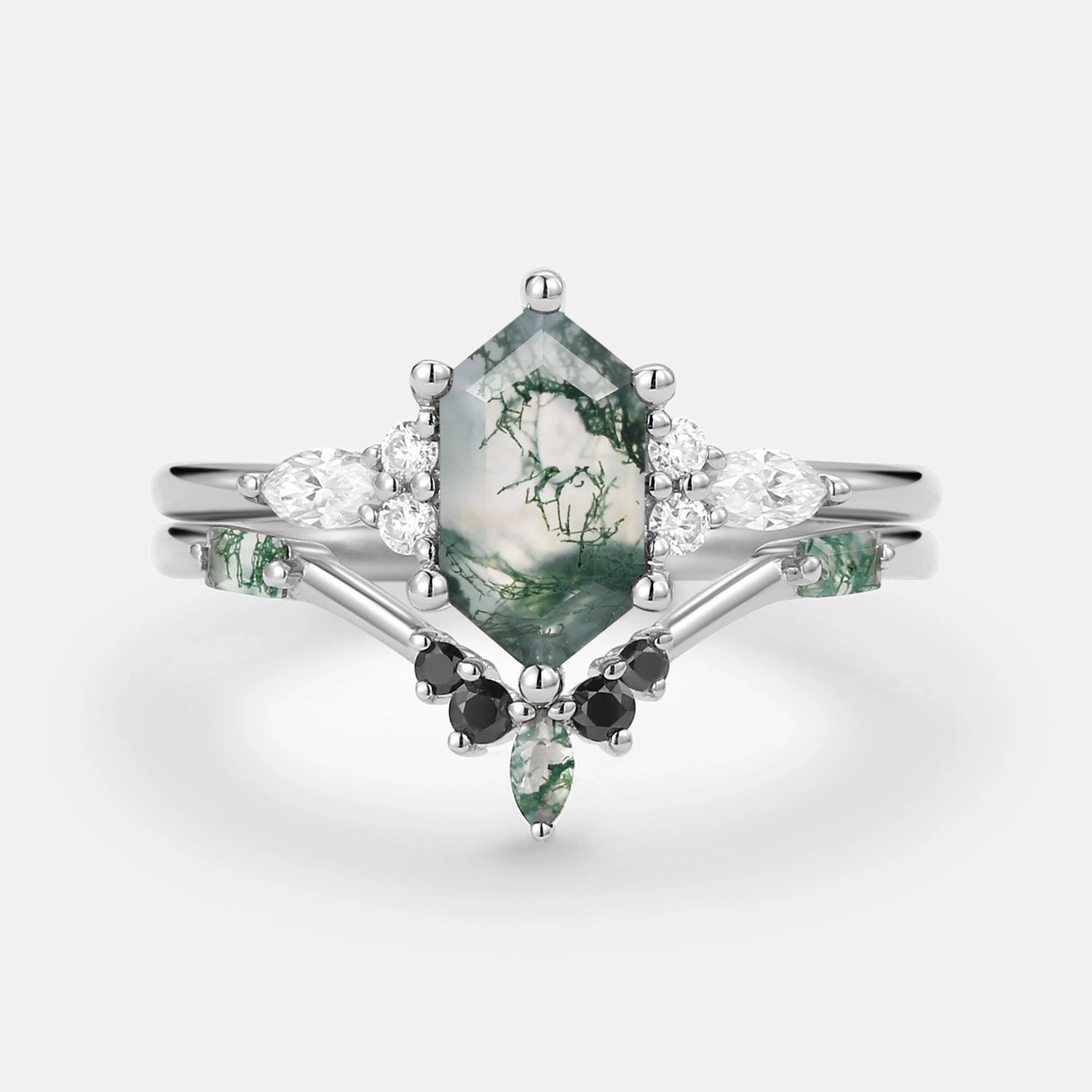 Day Vibe Hexagon Moss Agate & Black Moissanite Ring Set 2PCS