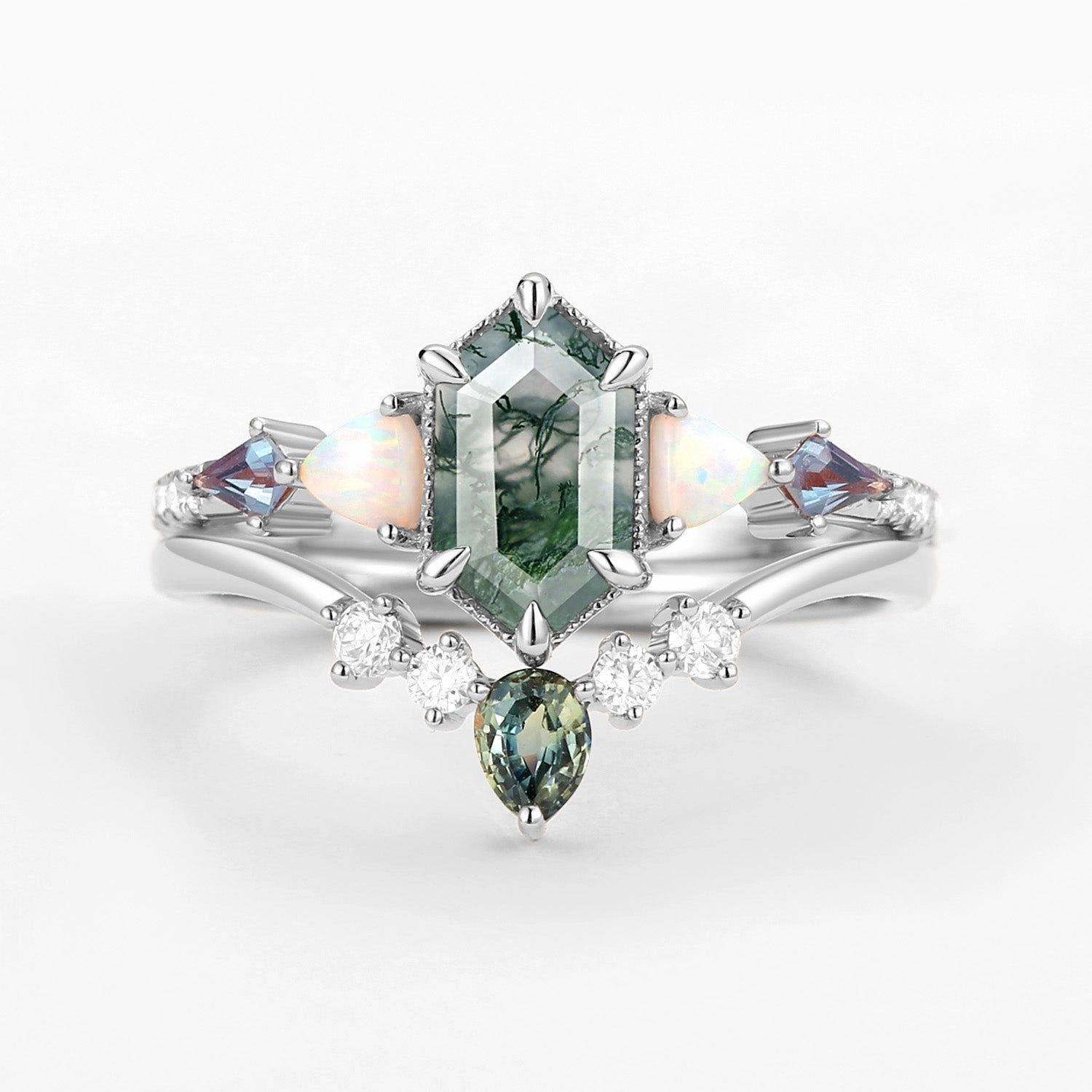 Hexagon Moss Agate & Opal & Alexandrite & Teal Sapphire Ring Set 2PCS Gala Ready Light Touch