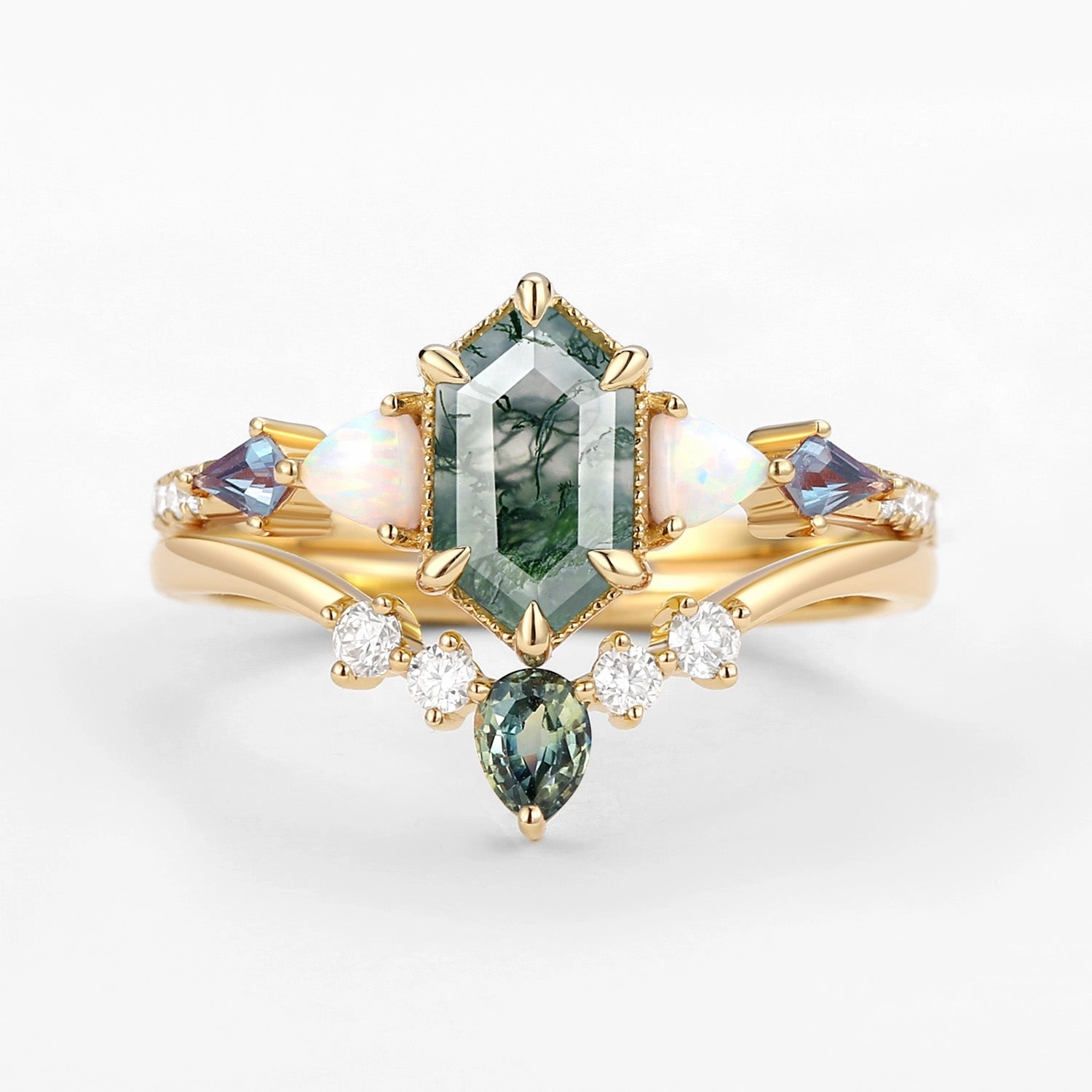 Classic Glimmer Subtle Edge Hexagon Moss Agate & Opal & Alexandrite & Teal Sapphire Ring Set 2PCS
