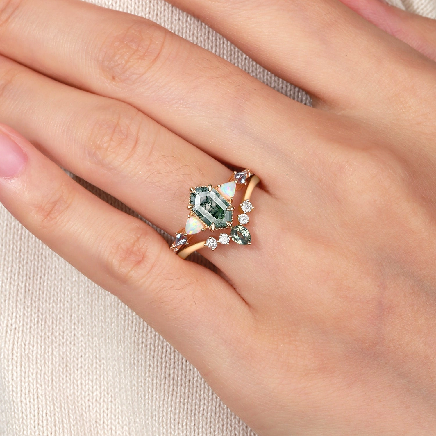 Iconic Style Hexagon Moss Agate & Opal & Alexandrite & Teal Sapphire Ring Set 2PCS