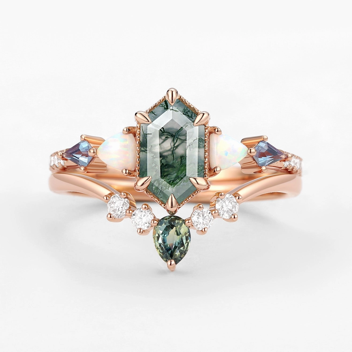 Artistic Edge Hexagon Moss Agate & Opal & Alexandrite & Teal Sapphire Ring Set 2PCS