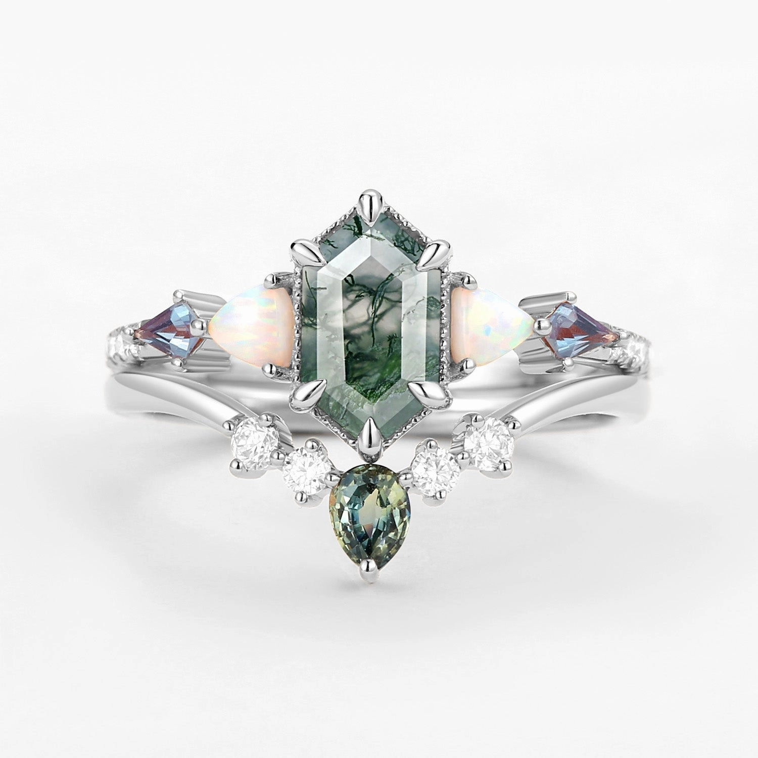 Timeless Appeal Seasonal Finish Hexagon Moss Agate & Opal & Alexandrite & Teal Sapphire Ring Set 2PCS