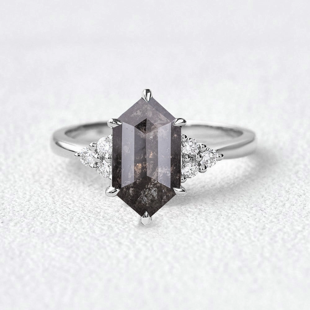 Gift Ready Subtle Spark Hexagon Salt and Pepper Diamonds Cluster Engagement Ring
