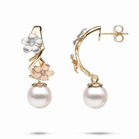 Substantial Decoration Pearls in Bloom Plumeria Akoya White Pearl Earrings in Tri Color Gold with Diamonds - 23mm