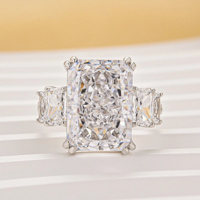 Artistic Flair 10.0Ct Radiant Cut Three Stone Luxe Engagement Ring In Sterling Silver