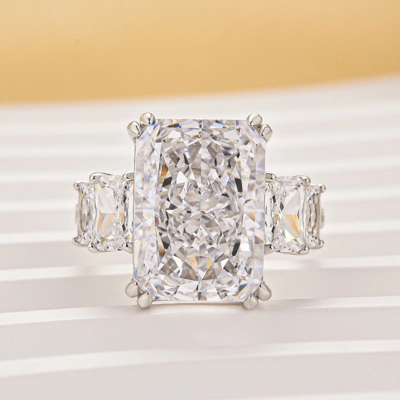 10.0Ct Radiant Cut Three Stone Luxe Engagement Ring In Sterling Silver Glamorous Edge