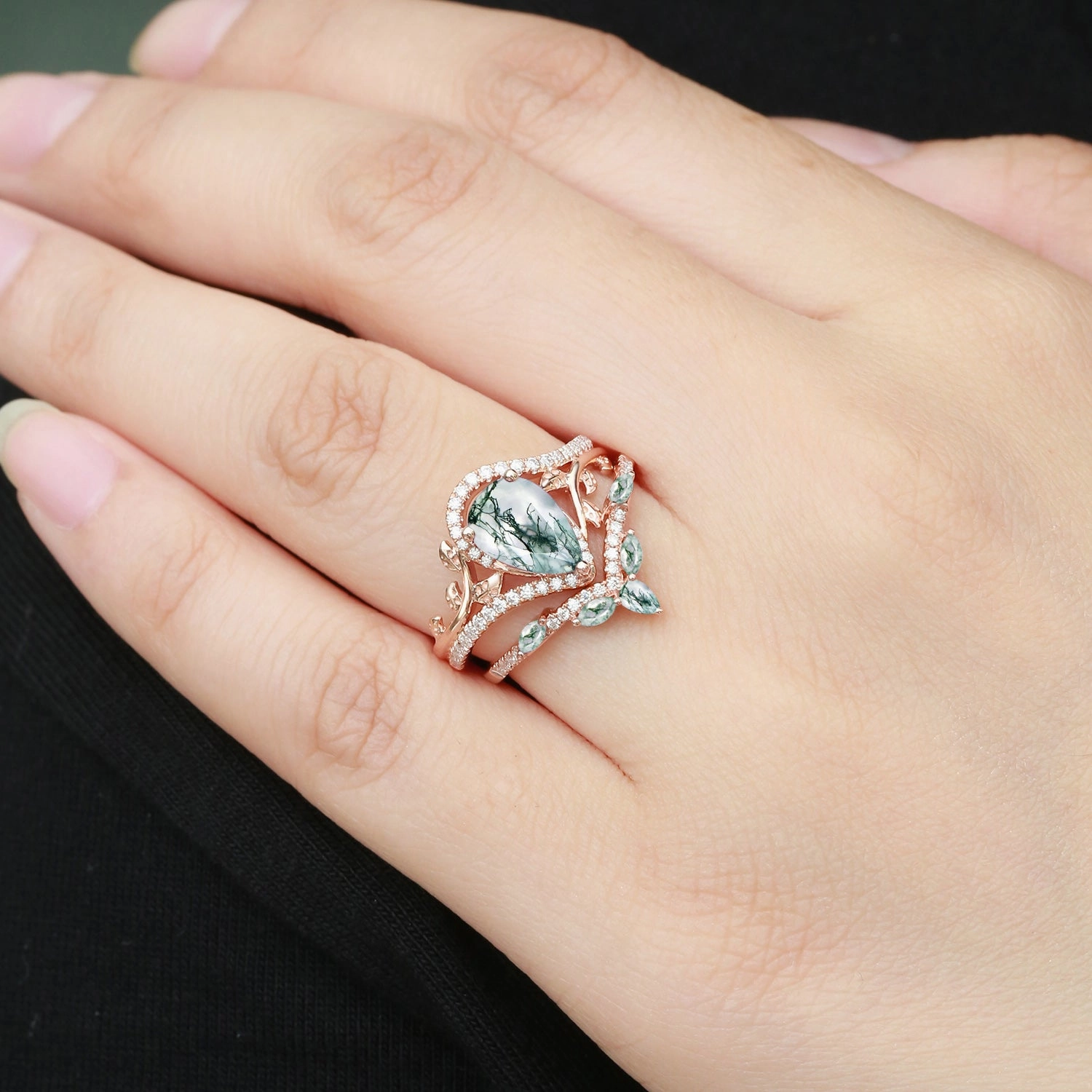 Vintage Pear Cut Moss Agate & Moissanite Leafy Ring Set 2pcs - Dalia Minimalist Design